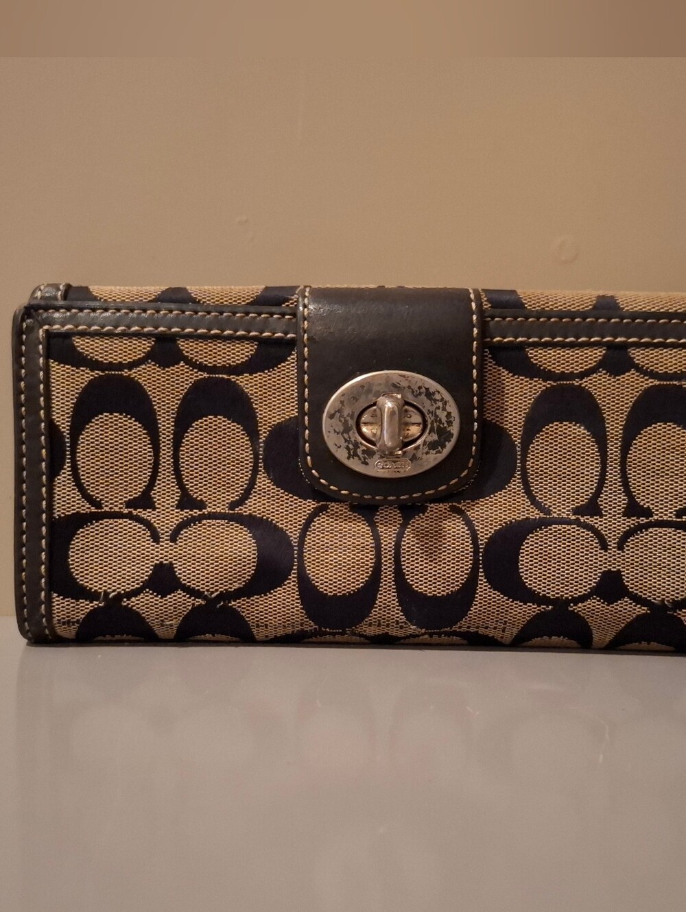 Coach Canvas Signature Turnlock Wallet in Khaki and Black